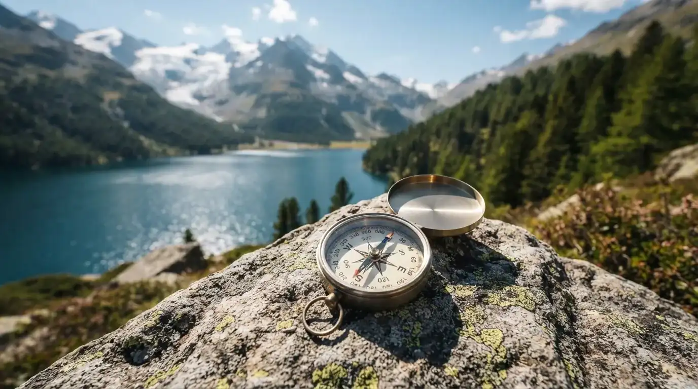 Ein Kompass liegt auf einem Felsen, im Hintergrund glänzt ein Alpensee unter klarem Himmel