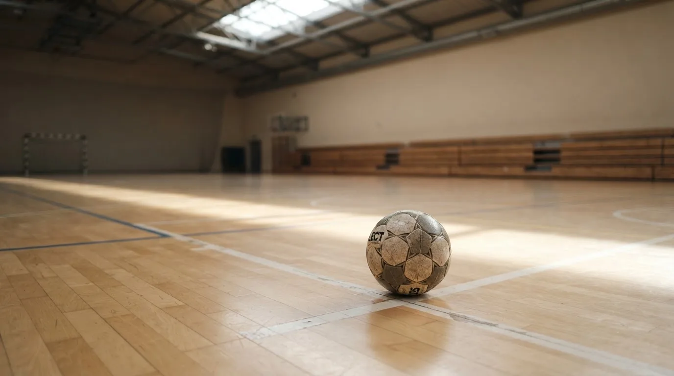 Ein Handball liegt auf dem Hallenboden einer leeren Sporthalle, Streifen von Licht aus den Oberlichtern