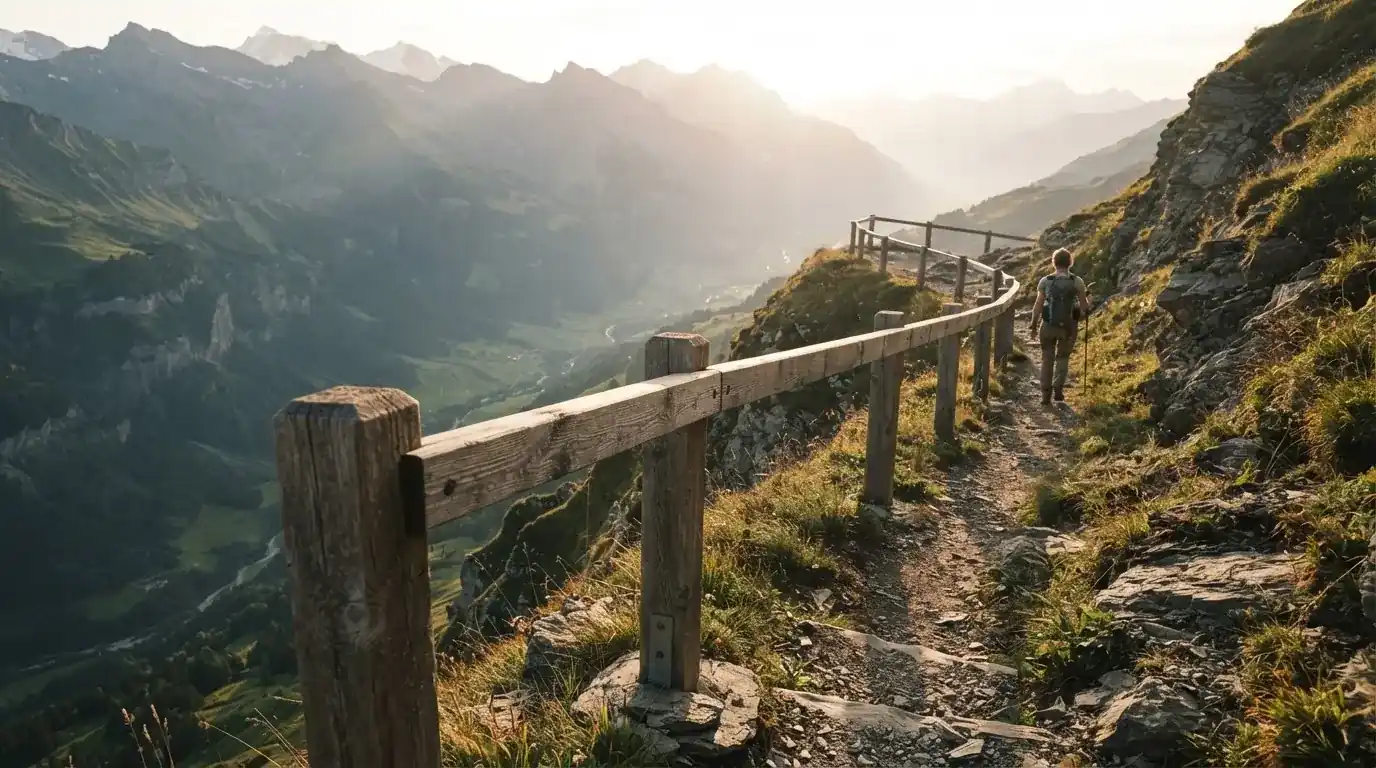 Ein stabiles Holzgeländer am Rand eines Wanderwegs über einer Schlucht, Gegenlicht über den Hängen
