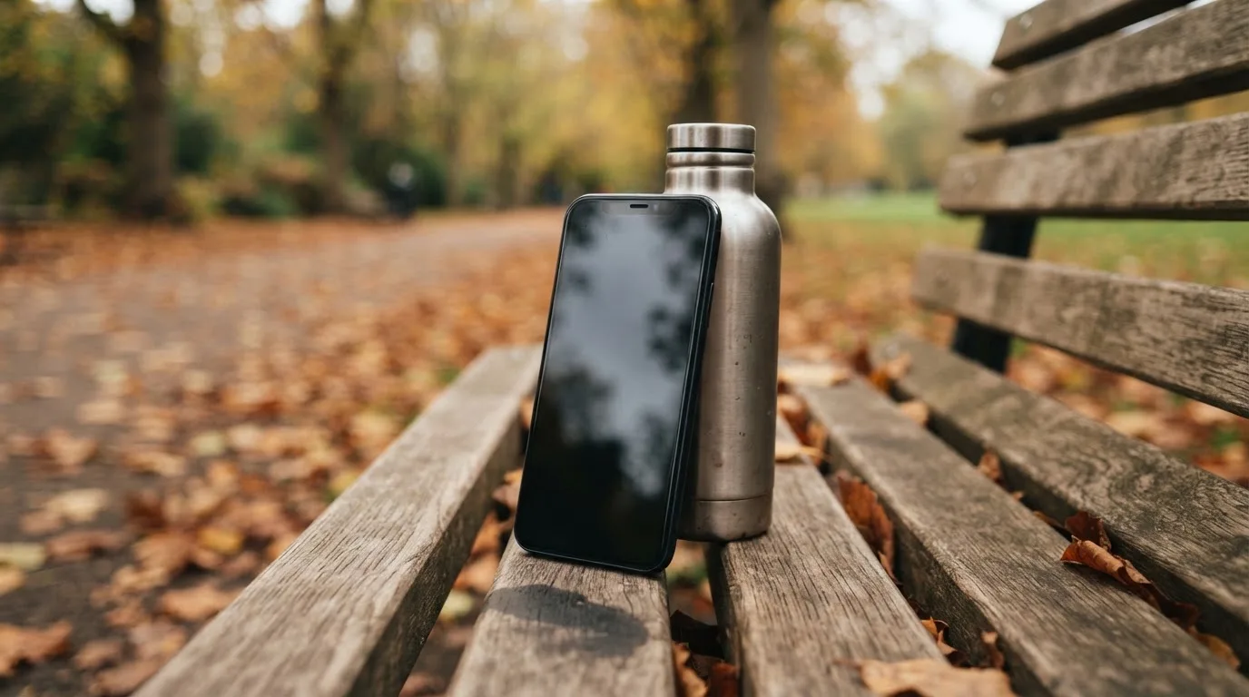 Ein Smartphone mit dunklem Display lehnt an einer Wasserflasche auf einer Parkbank, Herbstlaub im Hintergrund